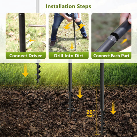 Installation steps for 2 Pack 10Ft Spiral Screw In Outdoor String Light Poles for Patio and Garden showing screw-in process.