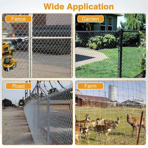 Multiple fenced areas showcasing the 11 Gauge Chain Link Fence Twist Tie Tool Stainless Steel EZ Tool for versatile use.