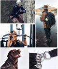 Collage featuring 30 Pcs 1.57 Inch Mini Carabiner Clips M4 Stainless Steel used in various activities like climbing, hiking, and gym workouts.