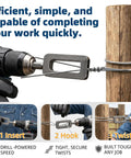 Heavy-Duty Wire Twister Tool For Drill With One Quarter Inch Hex Shank twisting wire around a wooden post using an electric drill.