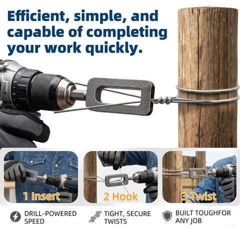 Heavy-Duty Wire Twister Tool For Drill With One Quarter Inch Hex Shank twisting wire around a wooden post using an electric drill.