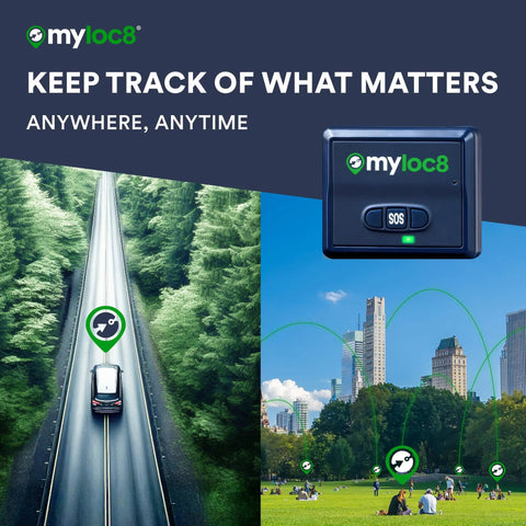 Keep Your Ride Secure With This Heavy Duty Magnet GPS Tracker Featuring Free 4G LTE Tracking App on a scenic road with GPS icon.
