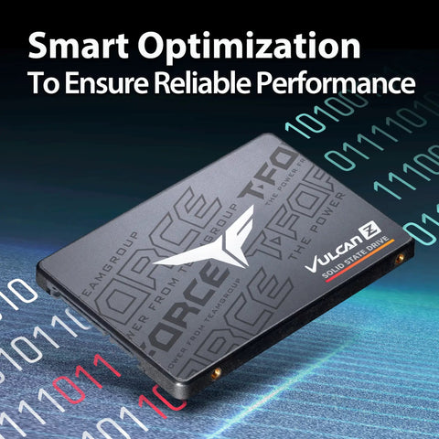 Vulcan Z 256GB 2.5 Inch SATA III SSD With SLC Cache And 3D NAND, solid state drive on binary background, gaming drive image