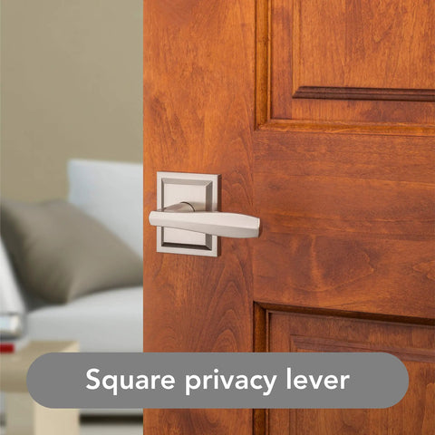 Interior Privacy Door Lever Handle With Reversible Operation For Bedroom Or Bathroom Satin Nickel Finish Microban Protection Keyless Privacy Lock And Emergency Unlock From Outside Easy DIY Install For Standard Doors visible on wooden door
