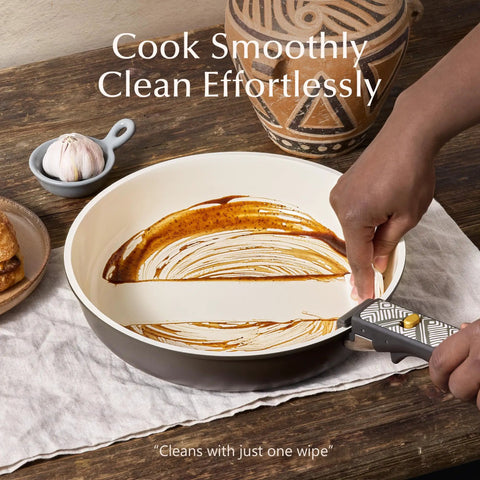 Cleaning a pan from the Nonstick Ceramic Cookware Set With Detachable Handle, 21 Pieces, PFOA Free, PFOS Free, Induction Safe, Charcoal Finish