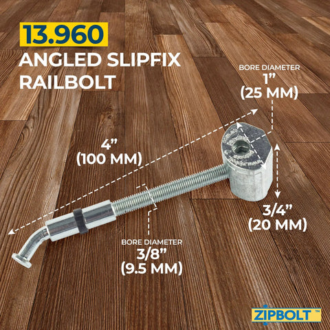 Angled Slipfix Railbolt Handrail To Newel Post Connector For Upper Connection Model 13960 on wooden surface with measurements