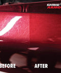 Before and after of red car surface using Car Scratch Remover And Swirl Repair Polish 4oz With Water Repellent Gloss Finish