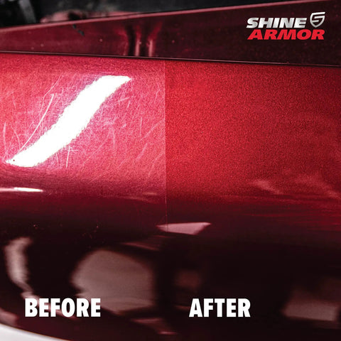 Before and after of red car surface using Car Scratch Remover And Swirl Repair Polish 4oz With Water Repellent Gloss Finish