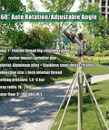 Heavy Duty Aluminum Alloy 1 Inch Thread Rotary Sprinkler for Lawn and Garden Irrigation on tripod in yard