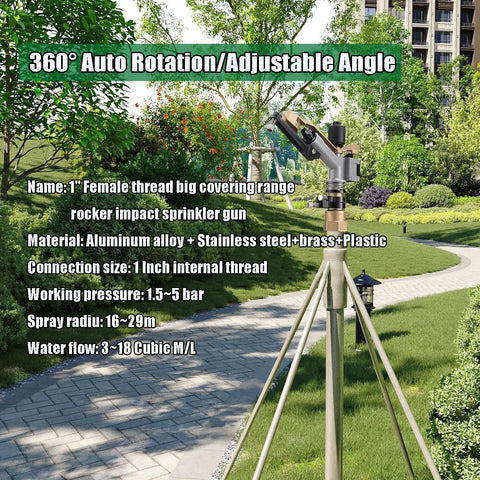 Heavy Duty Aluminum Alloy 1 Inch Thread Rotary Sprinkler for Lawn and Garden Irrigation on tripod in yard