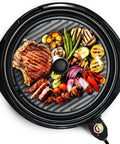 EMG 980BX Indoor Electric Round Nonstick Grill With Cool Touch Handle Fast Heat Up 14 Inch Dishwasher Safe Includes Glass Lid Ideal For Low Fat Meals And Quick Weeknight Grillin At Home shown grilling assorted vegetables and meat