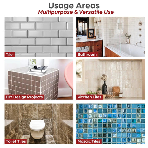 Usage areas for Grout Repair Kit With 14 Oz White Grout Filler for wall and floor tile joints including bathroom and kitchen tiles.