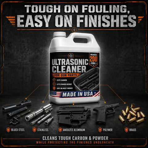 Pro Grade Ultrasonic Gun Cleaner Solution That Hits Different On Stubborn Carbon And Gun Oil With Zero Hard Scrubbing One Concentrated Gallon Mixes Straight Into Two Hundred Ready To Shoot Parts USA Made in a detailed kitchen setting with gun parts.