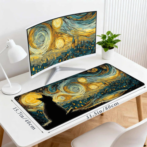 Starry Night Cat Desk Mat Extended Large 31.5 by 15.7 Inch Anime Mouse Pad on desk with computer monitor, lamp, plant.