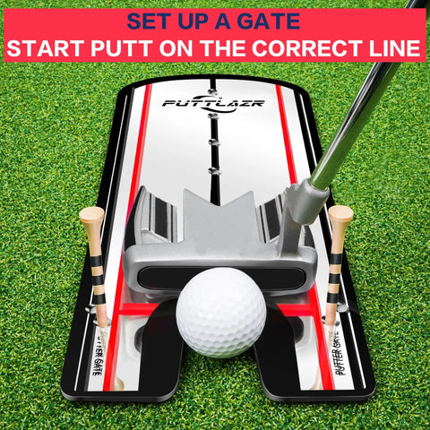 Golf Putting Mirror With Six Tees Training Aid For Practice And Perfection, showing putter and ball on grass.