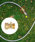 Solid Brass Garden Hose Shut Off Valve Set, Beefy Heavy Duty Three Quarter Inch, attached to a garden hose on green grass