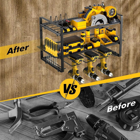 Heavy Duty 3 Tier Tool Organizer Wall Mount Set For Garage 2 Pack Cordless Drill Holder And Tool Shelves