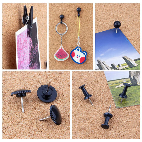 Top Tier Black Push Pin Set With Five Fresh Thumb Tacks And Sharp Steel Point Map Pins For Heavy Duty Cork Board Organization Rock Solid 140 Piece Desk Kit with various styles displayed on corkboard.