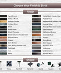 A chart showing finishes and shapes for Premium One And A Half Inch Clavos Nails With Matte Black Powder Coat Finish Built To Last Outdoor Tough As Nails Zinc Alloy Head 40 Pack Ideal For Outdoor Builds.