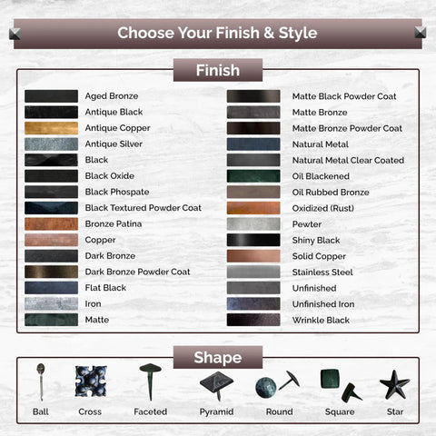 A chart showing finishes and shapes for Premium One And A Half Inch Clavos Nails With Matte Black Powder Coat Finish Built To Last Outdoor Tough As Nails Zinc Alloy Head 40 Pack Ideal For Outdoor Builds.