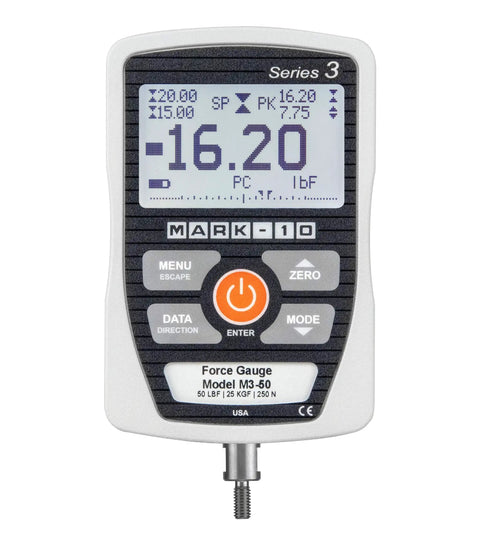 M3 100 Series Digital Force Gauge With 100 Pound Force Capacity, Ultra Compact Design, Pro Grade High Speed 2000 Hz Sampling, Accuracy Within Three Tenths Of One Percent, USB Output, Reversible Housing And Display For Easy On The Go Measurements, front view