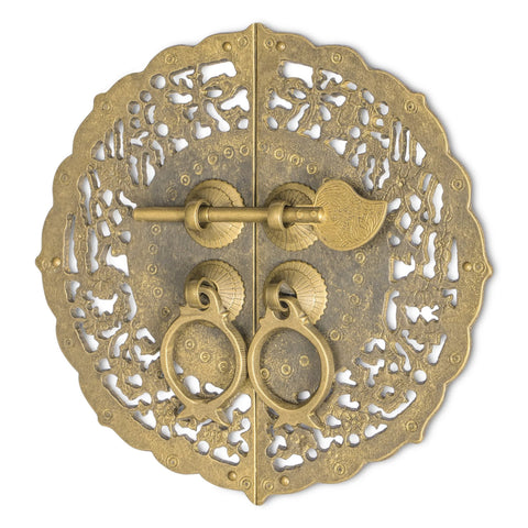 Ornate brass door pull with intricate design, part of Flower Pot Cabinet Faceplate Set 5.52 Inches Square With Solid Brass Pull And Eight Radial Washers For Architectural Interior Design And Custom Cabinetry Hardware Decorative Facade Accent For Doors And Drawers.