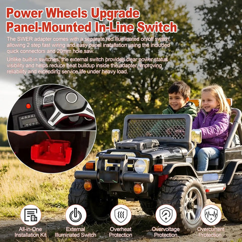 Children riding Power Wheels with 18V Battery Adapter Kit for Milwaukee M18 to Power Ride On Toys, RC Cars, and Robotics Converter in use