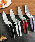 Heavy Duty Poultry Shears For Chicken And Turkey Stainless Steel Kitchen Scissors in black, white, red, and purple on a table.