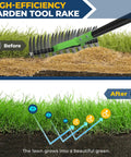 65 Inch Thatch Rake And Garden Rake Dual Sided Sharp Steel Tines dethatching a lawn, showing before and after results.