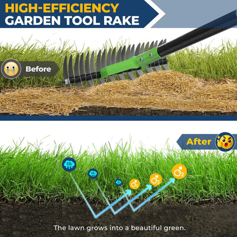 65 Inch Thatch Rake And Garden Rake Dual Sided Sharp Steel Tines dethatching a lawn, showing before and after results.