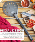 8 Inch Perforated Pizza Peel With Long Handle Aluminum Turning Peel For Indoor And Outdoor Pizza Making Lightweight Nonstick Pizza Turner For Oven Or Grill And Pizza Stone on wooden table with knife and chopped vegetables