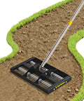 All Purpose Lawn Leveling Rake With Aluminum Rollers And Stainless Steel Build in use on soil path with green edges