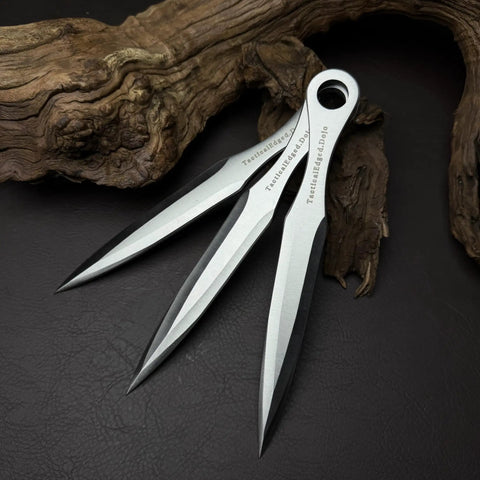 Kunai Inspired Throwing Tool With Full Tang Stainless Steel Build on dark background, 3-piece set with sheath