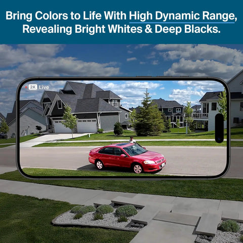 2K HDR Wireless Outdoor Security Camera System displays a bright image of a red car on a suburban street with clear detail.