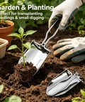 Gardener using Ultra Portable Folding Shovel For Camping And Garden Tasks Mini Trowel with a plant in soil and gloves nearby.