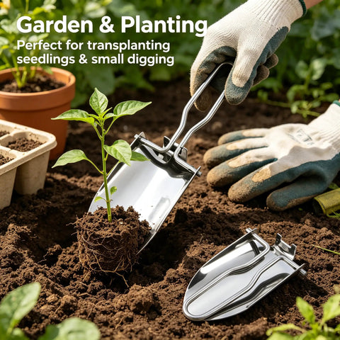 Gardener using Ultra Portable Folding Shovel For Camping And Garden Tasks Mini Trowel with a plant in soil and gloves nearby.