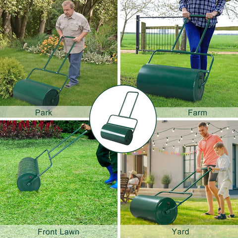 24 Inch Beefy Lawn Roller For Grass Seed And Sod, Heavy Duty Steel Garden Roller in use at park, farm, front lawn, and yard