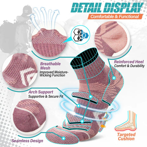 Merino Wool Quarter Ankle Hiking Running Socks With Thermal Warmth And Cushioned Comfort Super Cozy Breathable Mesh For Men And Women Pink Series Size Medium All Season Everyday Wear detail display