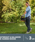 Woman using 20V Cordless Seed Spreader with 6 Speed Settings and 5 Ft Spreading Distance for Lawns in garden
