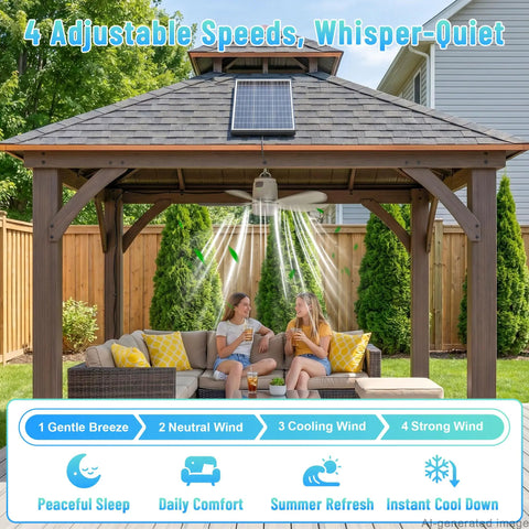 20 Inch Solar Ceiling Fan With 20000 Mah Battery And 30 Watt Panel Keeps Your Crew Chill On Hot Days Remote Control Dimmable Lights For Tent Gazebo Canopy Rv Or Patio Vibes, installed in a gazebo with two women enjoying drinks.