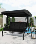 Three Seat Outdoor Patio Swing With Adjustable Canopy And Backrest Cozy Cushioned Porch Swing For Backyard Garden And Poolside Hangouts Heavy Duty 750 Lbs Capacity Black near poolside with side table