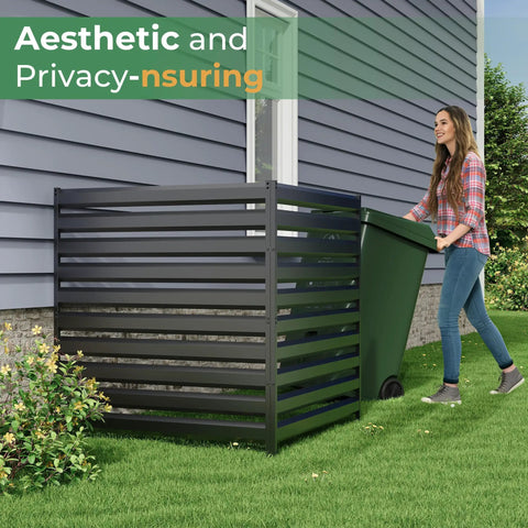 Black Metal Outdoor Privacy Screen Fence Panels 42 Inch High 38 Inch Wide Two Panel Enclosure for air conditioner or trash can.