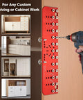 Top Rated 2 In 1 Shelf Pin Jig And Hinge Jig With 13 Alignment Holes For 1/4 Inch And 5mm Cabinet Hardware Drill Guide in use on cabinet.