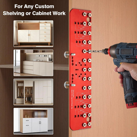 Top Rated 2 In 1 Shelf Pin Jig And Hinge Jig With 13 Alignment Holes For 1/4 Inch And 5mm Cabinet Hardware Drill Guide in use on cabinet.