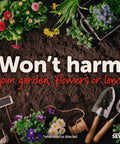 Insect Killer Dust For Lawn And Yard with tools and flowers, safe for plants and blooms, promoting garden protection