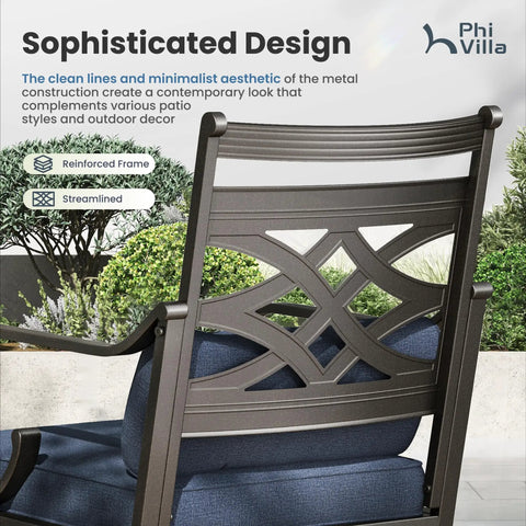 Back view of Outdoor Swivel Chairs Set Of 2 With Blue Cushions - Wrought Iron Patio Dining Chairs showing intricate design.