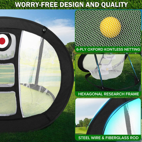 Close-up of Golf Chipping Net With Tri Turf Hitting Mat Set Foldable Practice Target highlighting net design and frame materials.
