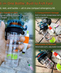 Hand holding Grab And Go Pocket Sized Fishing Rod Kit with detachable storage cups, reel, line, and tackle for easy portable fishing.