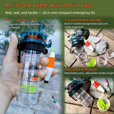 Hand holding Grab And Go Pocket Sized Fishing Rod Kit with detachable storage cups, reel, line, and tackle for easy portable fishing.