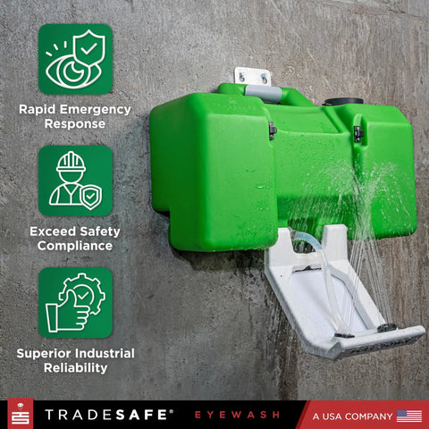 Portable Eye Wash Station 8 Gallon With OSHA ANSI Compliance for Workplace Safety mounted on wall, spraying water.